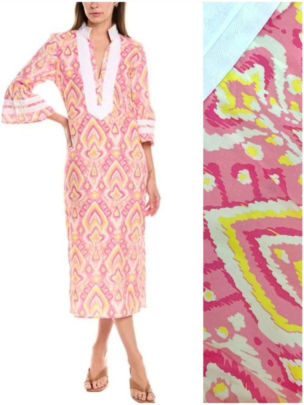 NWT Sail to Sable Coral Pink and Yellow Ikat Print Maxi Dress with White Trim